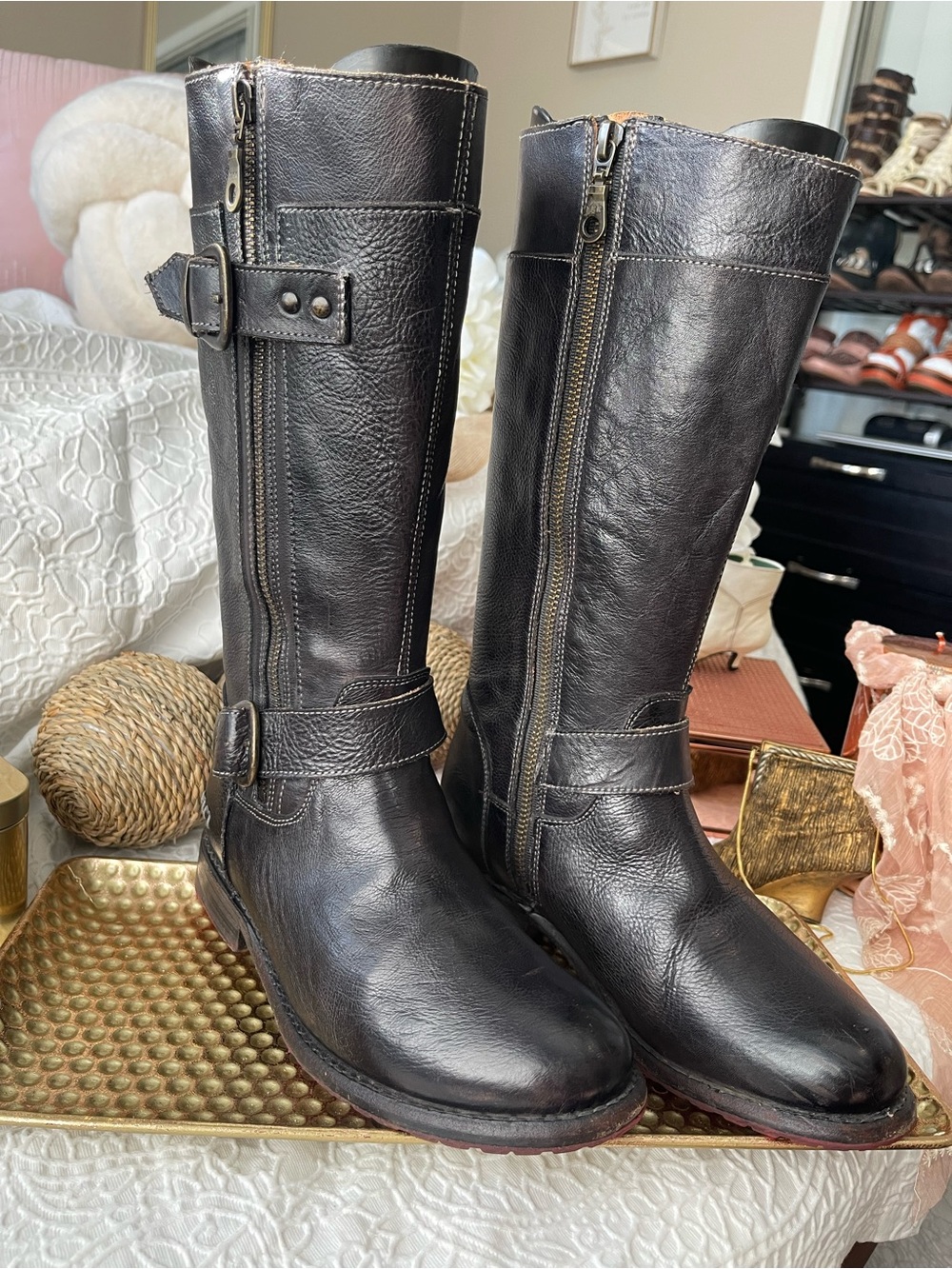 Bed Stu Gogo Lug Mid-calf Black Distressed Leather Boots
